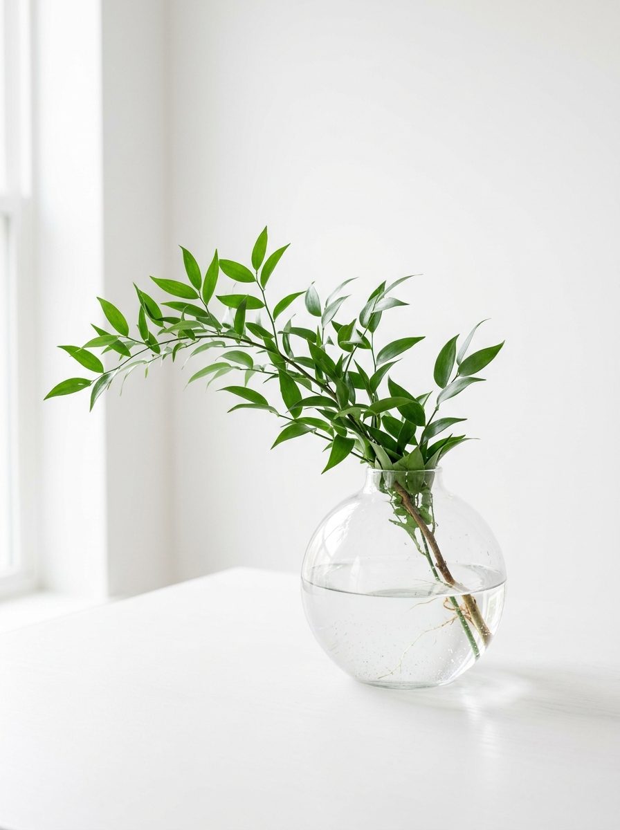 Green branch in minimalist glass vase on clean white background