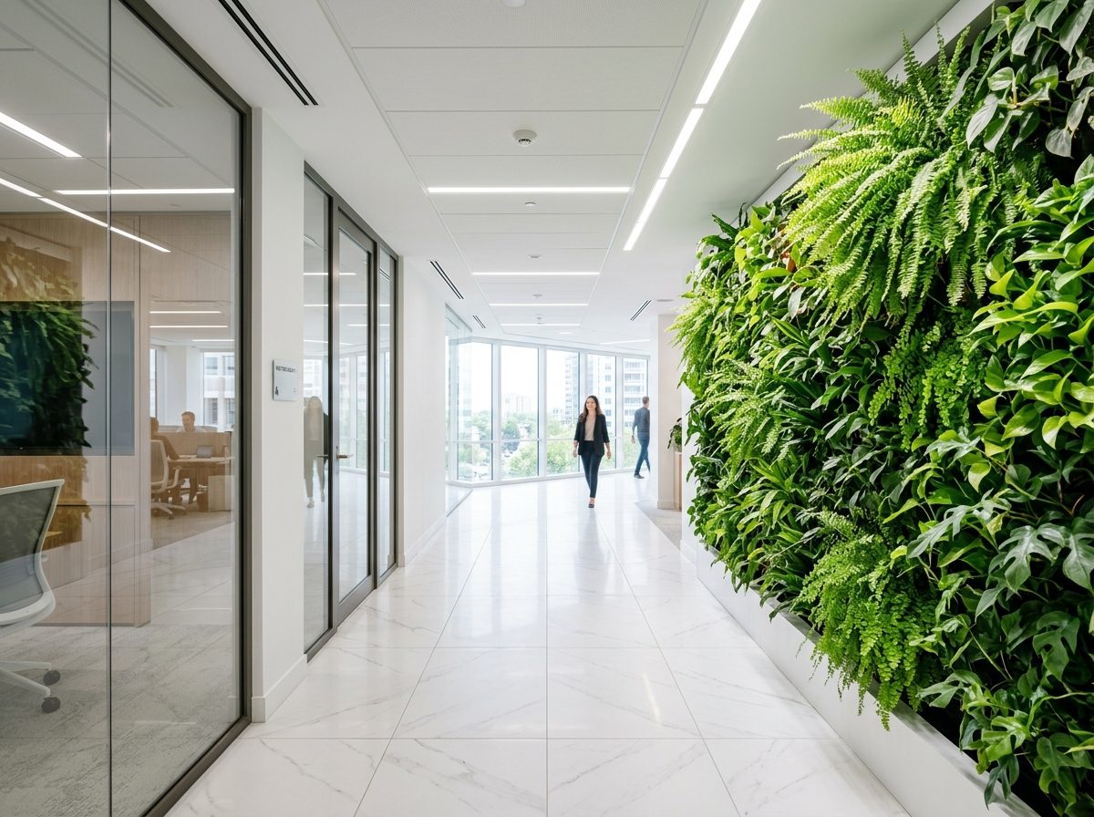 Clean modern office corridor with lush vertical living plant wall